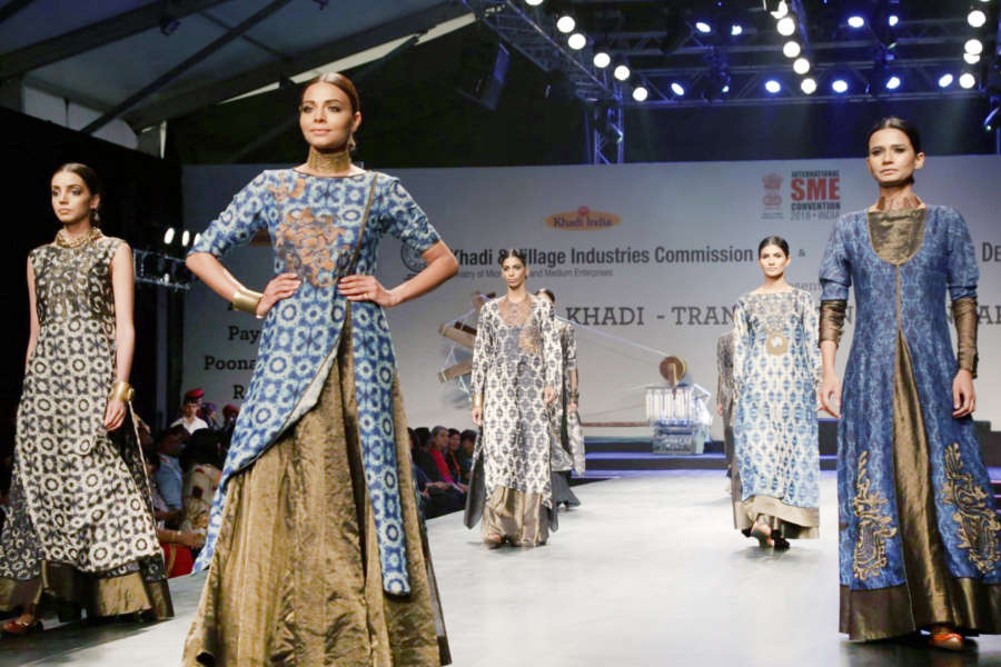 New Delhi: Model showcase creation of fashion designer Poonam Bhagat collections at FDCI Fashion Show "Khadi - Transcending Boundaries" in collaboration with KVIC as a part of SME Convention 2018 hosted by MSME, in New Delhi, on April 23, 2017. (Photo: by .
