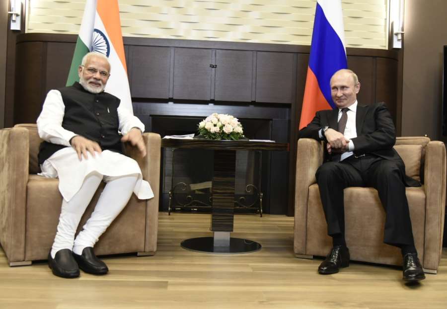 Sochi: Prime Minister Narendra Modi meets Russian President Vladimir Putin in Sochi, Russia on May 21, 2018. (Photo: IANS/MEA) by .