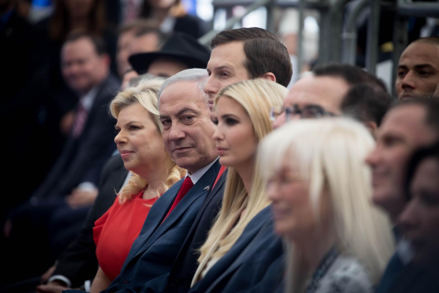 JERUSALEM, May 14, 2018 (Xinhua) -- Israeli Prime Minister Benjamin Netanyahu (2nd L, front) attends the inauguration ceremony of the new U.S. embassy in Jerusalem, on May 14, 2018. The inauguration ceremony of the new U.S. embassy in Jerusalem started on Monday afternoon, as Israeli and U.S. officials gathered in the city amidst deadly clashes in the Gaza Strip. (Xinhua/JINI/IANS) by .