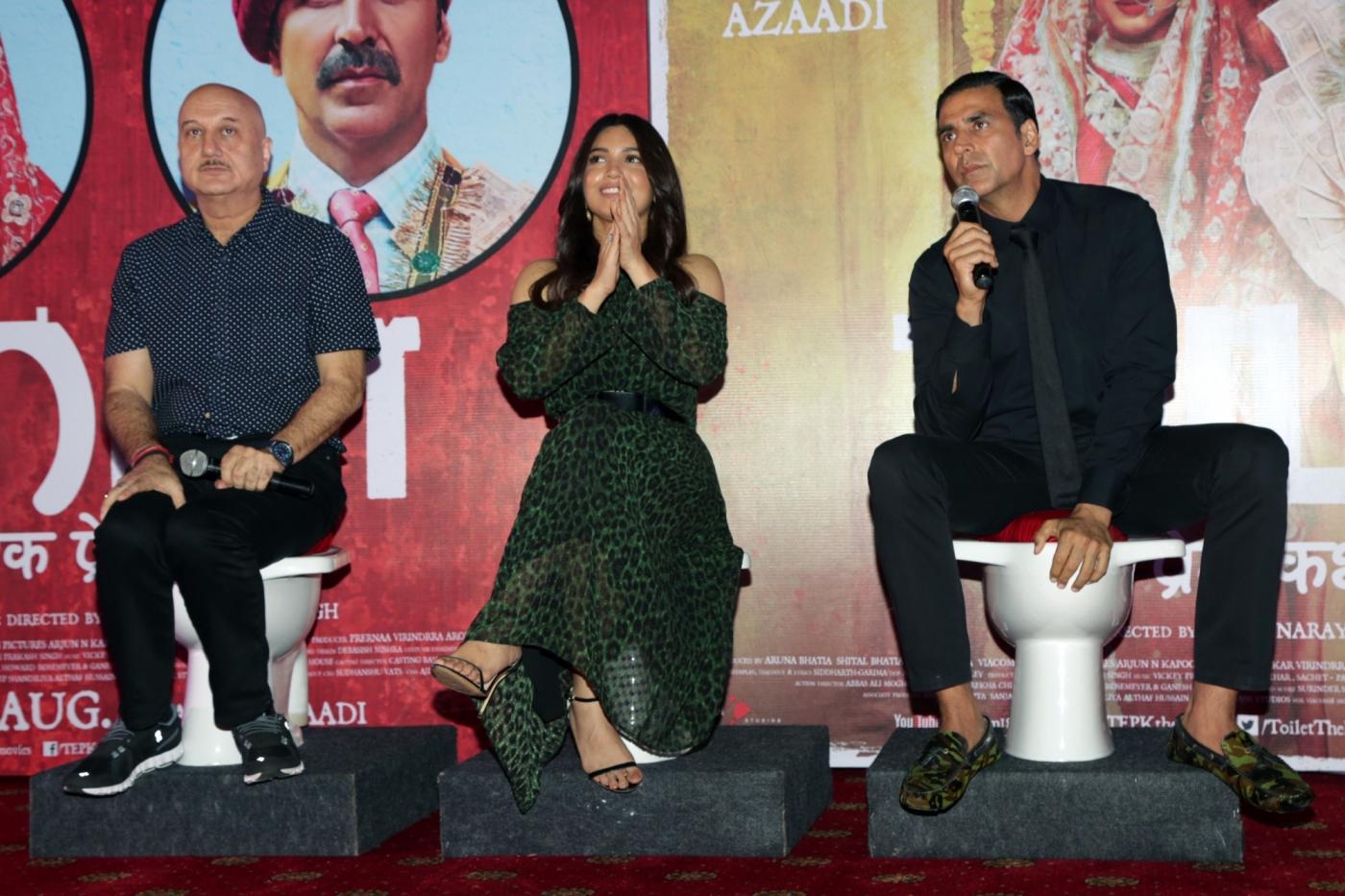 New Delhi: Actors Akshay Kumar, Bhumi Pednekar and Anupam Kher during a press conference regarding "Toilet: Ek Prem Katha" in New Delhi, on Aug 9, 2017. (Photo: Amlan Paliwal/IANS) by .