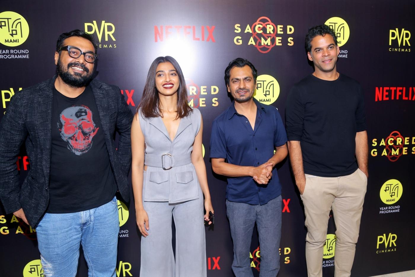 New Delhi: Director Anurag Kashyap with actors Radhika Apte and Nawazuddin Siddiqui at the special screening of film "Sacred Games" in New Delhi on July 3, 2018. (Photo: IANS) by .