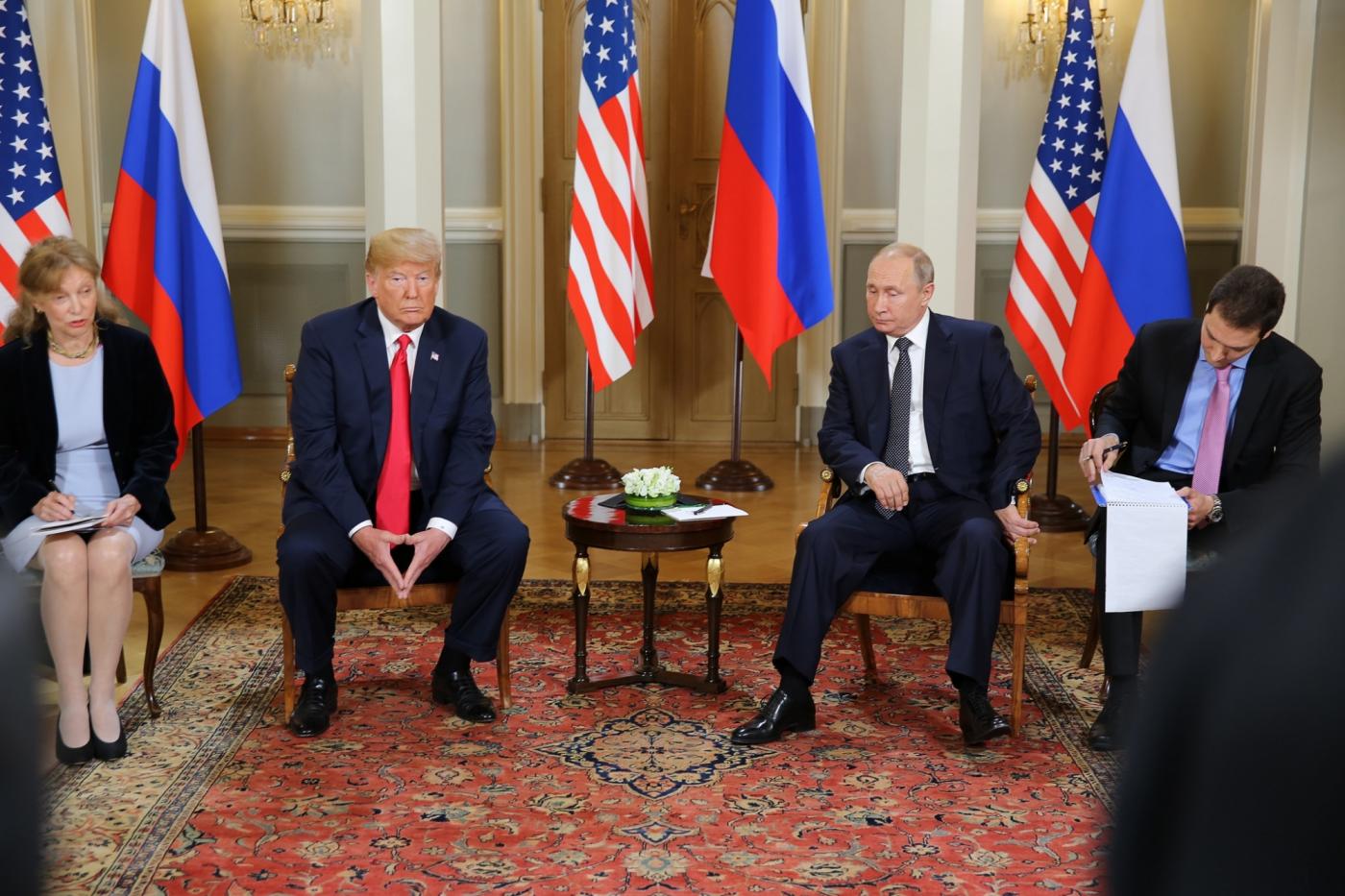 HELSINKI, July 16, 2018 (Xinhua) -- U.S. President Donald Trump (2nd L) and his Russian counterpart Vladimir Putin (2nd R) meet in Helsinki, Finland, on July 16, 2018. Donald Trump and Vladimir Putin started their first bilateral meeting here on Monday. (Xinhua/Office of the President of the Republic of Finland/Juhani Kandell/IANS) by .