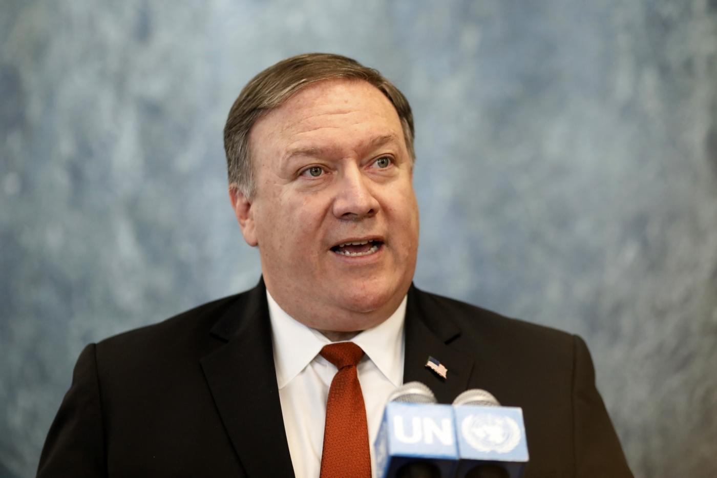 UNITED NATIONS, July 20, 2018 (Xinhua) -- U.S. Secretary of State Mike Pompeo speaks to reporters at the UN headquarters in New York, July 20, 2018. Pompeo said on Friday that U.S. President Donald Trump and Russian President Vladimir Putin began discussing the return of millions of Syrian refugees. (Xinhua/Li Muzi/IANS) by .