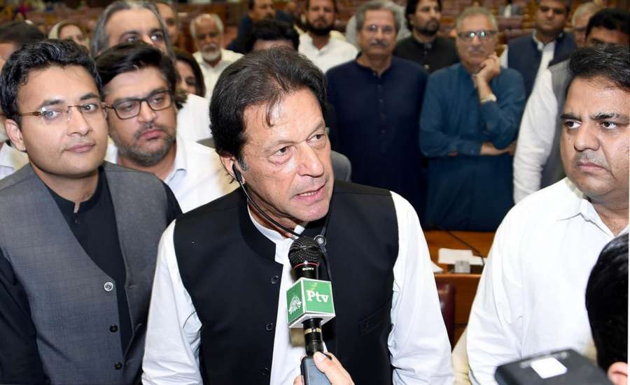 ISLAMABAD, Aug. 17, 2018 (Xinhua) -- Photo released by Pakistan's Press Information Department (PID) on Aug. 17, 2018 shows Pakistan's newly-elected Prime Minister Imran Khan (C) addressing the lawmakers in Islamabad, capital of Pakistan. Cricketer-turned-politician Imran Khan of the Pakistan Tehreek-e-Insaf (justice movement party) has been elected as the new prime minister of the country on Friday evening in a polling held by the National Assembly, or lower house of the parliament. (Xinhua/PID/IANS) by .