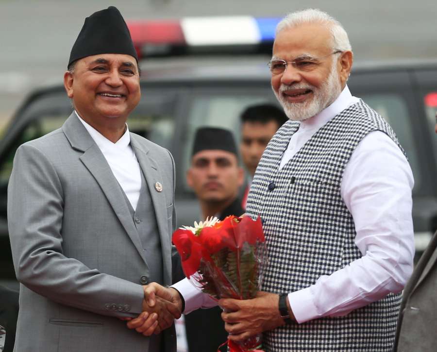 KATHMANDU, Aug. 30, 2018 (Xinhua) -- Nepal's Deputy Prime Minister Ishwar Pokharel (L) welcomes Indian Prime Minister Narendra Modi after his arrival to attend the Bay of Bengal Initiative for Multi-Sectoral Technical and Economic Cooperation (BIMSTEC) summit at Tribhuvan International Airport in Kathmandu, Nepal Aug. 30, 2018. Nepal is all set to host the fourth summit of the BIMSTEC on Thursday and Friday, amid tight security. (Xinhua/Sunil Sharma/IANS) by .
