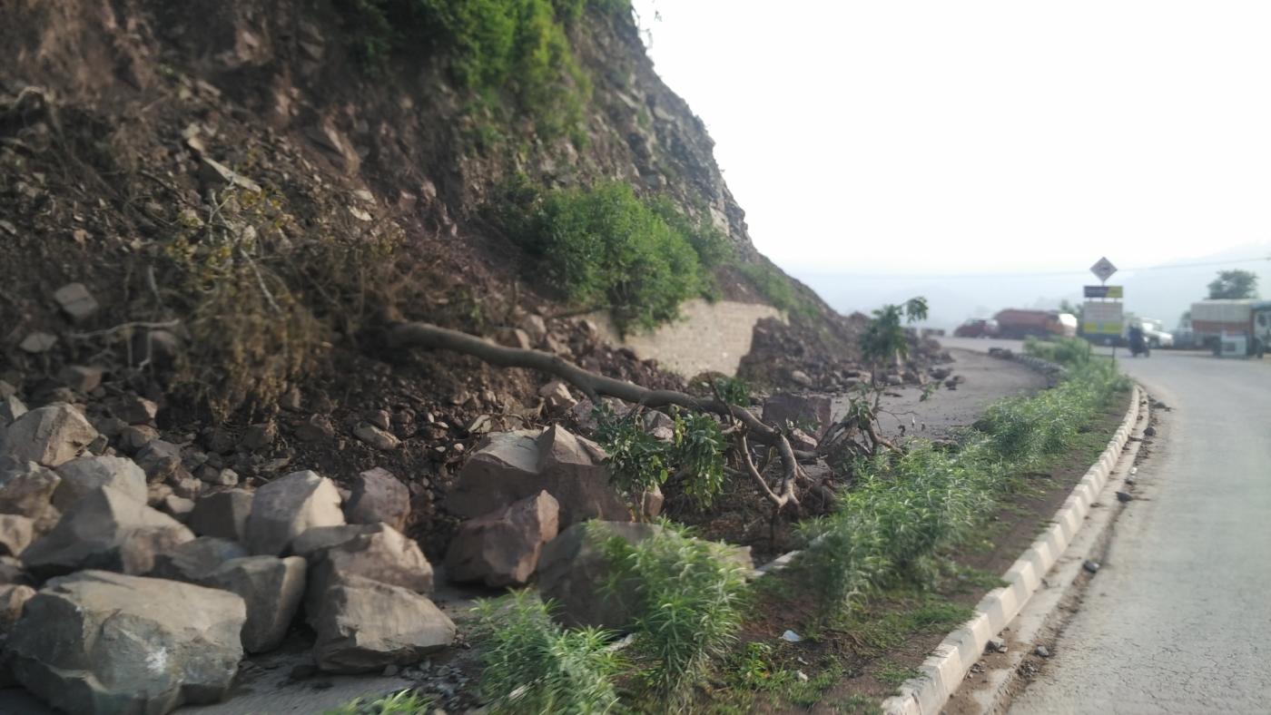 Himachal Pradesh: The damaged newly laid Parwanoo-Shimla national highway 5 near Kumarhatti town in Himachal Pradesh after rains. (Photo: Vishal Gulati/IANS) by .