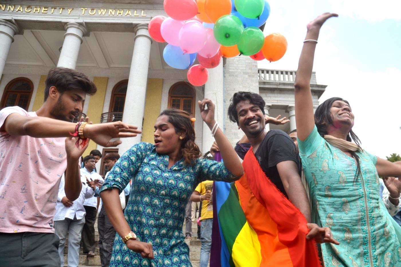 Bengaluru: LGBTIQ (lesbian, gay, bisexual, transgender/transsexual, intersex and queer/questioning) supporters celebrate after the Supreme Court in a landmark decision decriminalised homosexuality by declaring Section 377, the penal provision which criminalised gay sex, as "manifestly arbitrary"; in Bengaluru on Sept 6, 2018. (Photo: IANS) by .