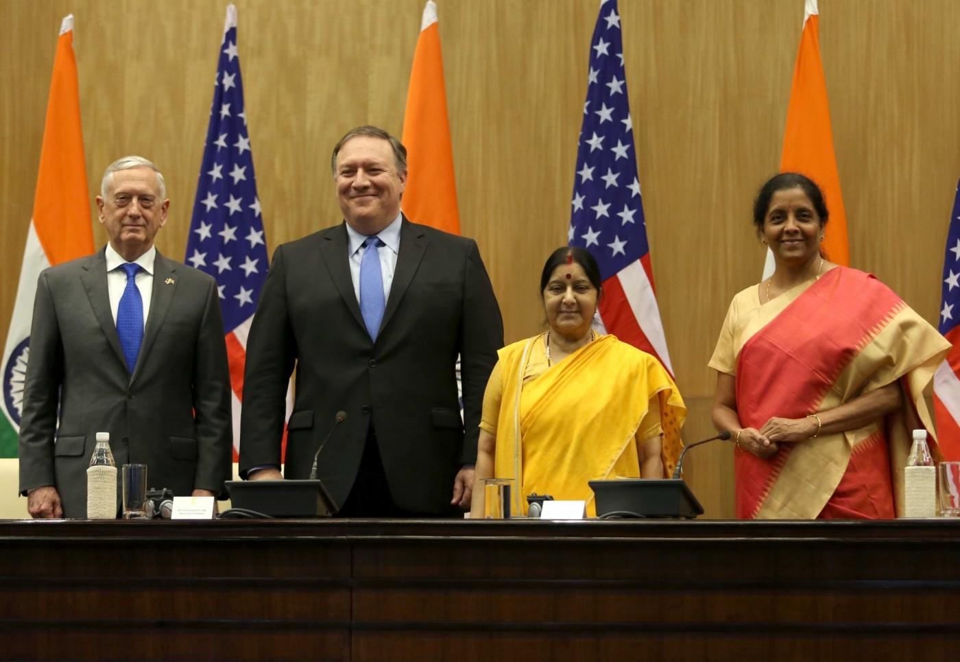 New Delhi: External Affairs Minister Sushma Swaraj and Defence Minister Nirmala Sitharaman with US Secretary of State Mike Pompeo and Defence Secretary James Mattis during a press briefing after the India-US 2+2 Strategic Dialogue meeting, in New Delhi on Sept 6, 2018. (Photo: IANS/DPRO) by .