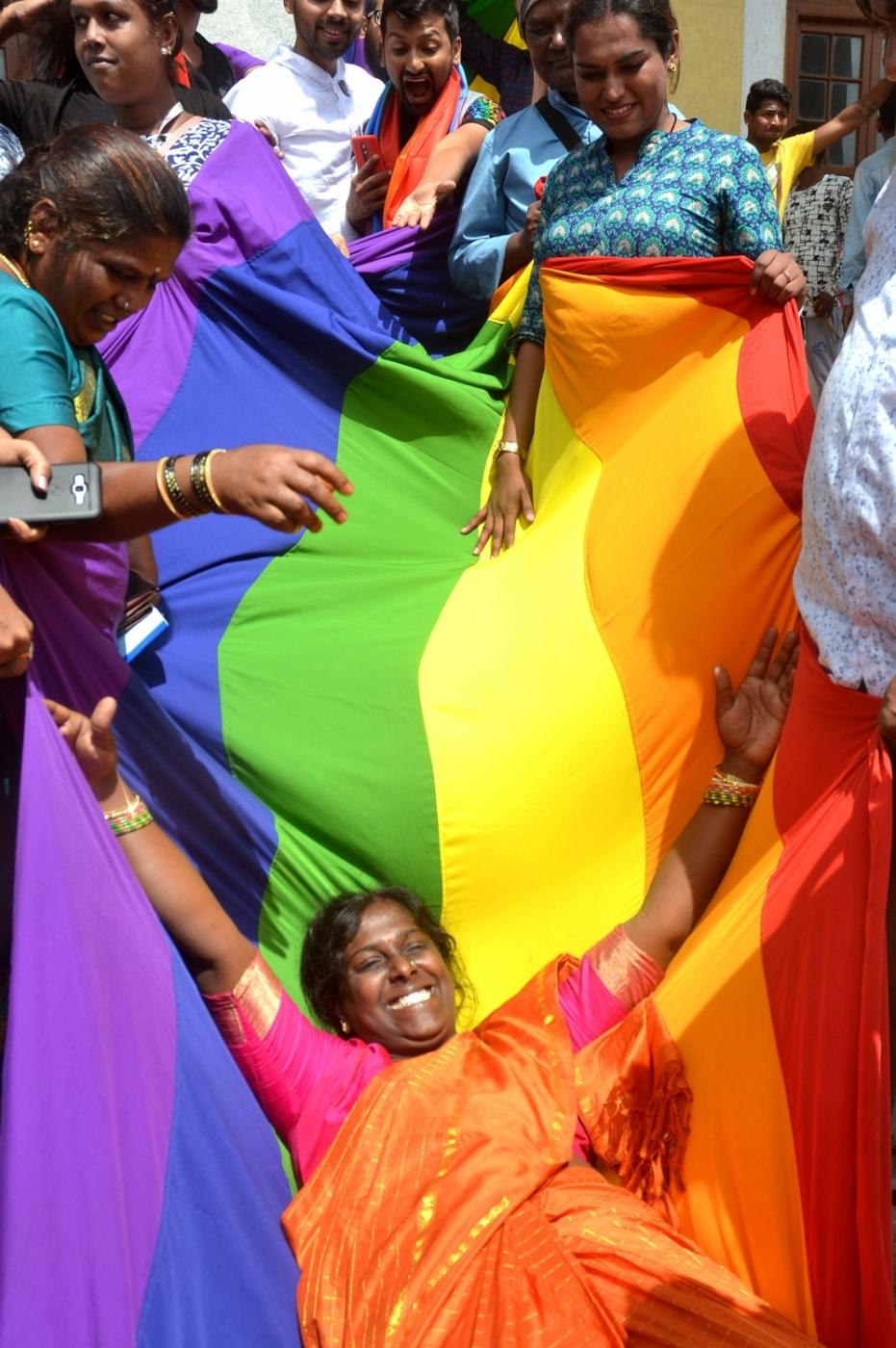 Bengaluru: LGBTIQ (lesbian, gay, bisexual, transgender/transsexual, intersex and queer/questioning) supporters celebrate after the Supreme Court in a landmark decision decriminalised homosexuality by declaring Section 377, the penal provision which criminalised gay sex, as "manifestly arbitrary"; in Bengaluru on Sept 6, 2018. (Photo: IANS) by .