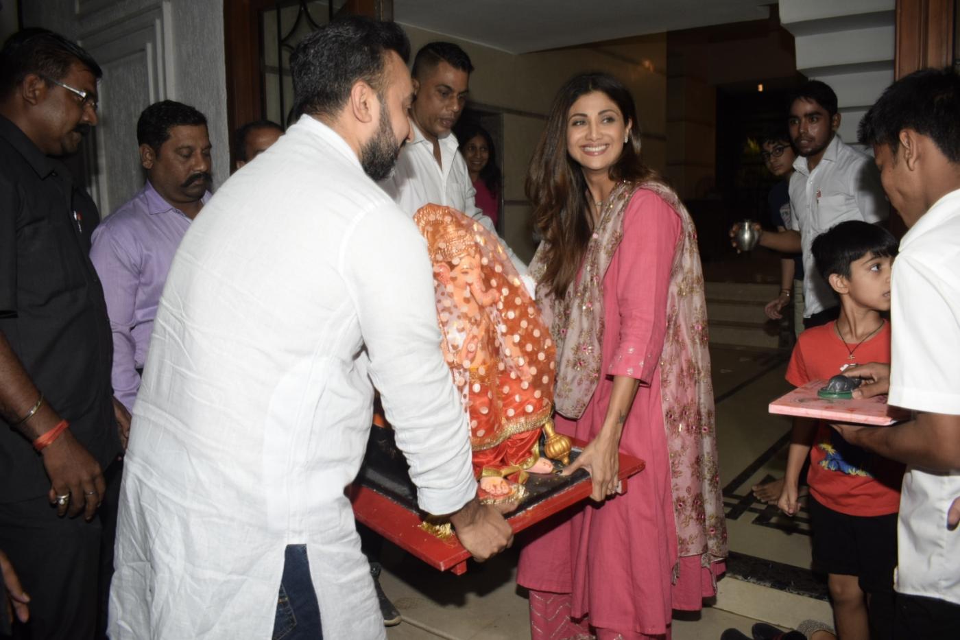 Mumbai: Actress Shilpa Shetty Kundra and her husband Raj Kundra welcome Lord Ganesha, on the eve of Ganesh Chaturthi in Mumbai on Sept 12, 2018. (Photo: IANS) by .
