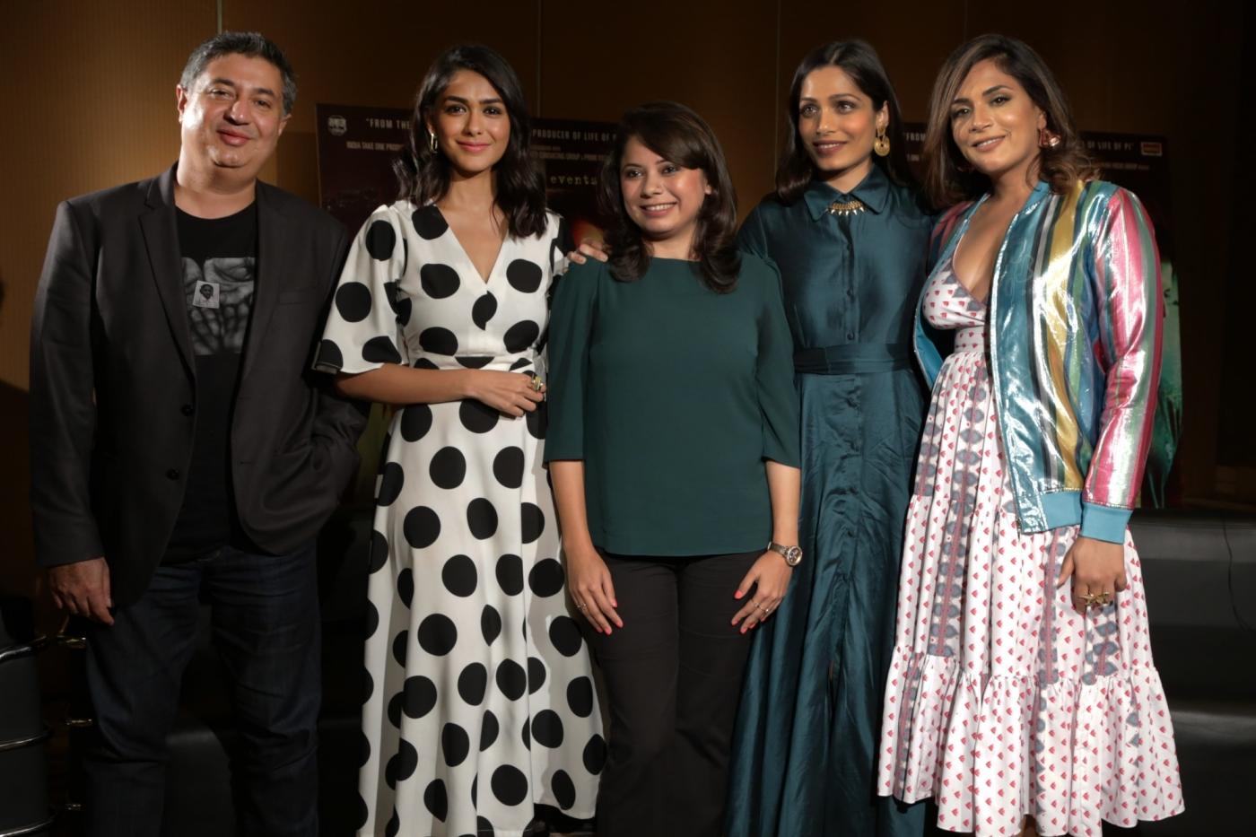 New Delhi: Director Tabrez Noorani with actors Mrunal Thakur, Freida Pinto and Richa Chadda during a promotional photoshoot for their upcoming film "Love Sonia", in New Delhi on Sept 13, 2018. (Photo: Amlan Paliwal/IANS) by .