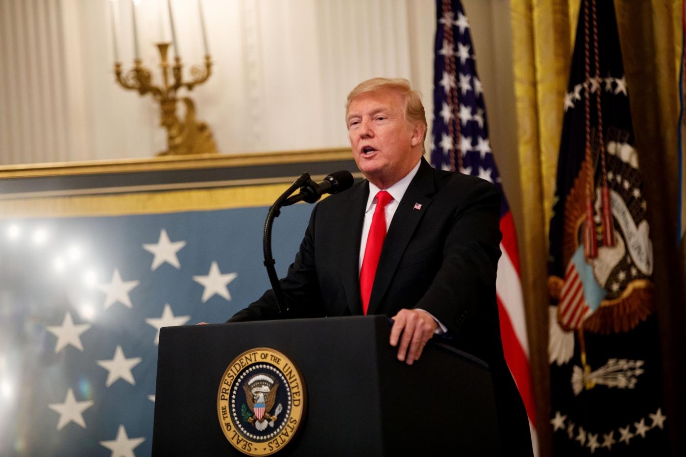WASHINGTON D.C., Sept. 13, 2018 (Xinhua) -- U.S. President Donald Trump speaks during a Congressional Medal of Honor Society Reception at the White House in Washington D.C., the United States, on Sept. 12, 2018. (Xinhua/Ting Shen/IANS) by .