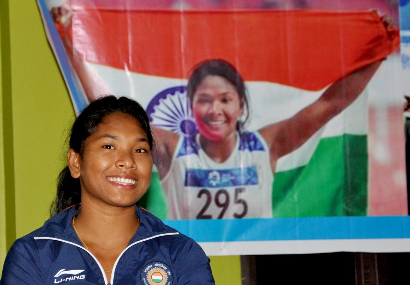 Kolkata: Indian woman heptathlete Swapna Barman, who clinched a gold at the recently concluded 18th Asian Games; during a felicitation programme at SAI complex in Kolkata on Sept 7, 2018. (Photo: Kuntal Chakrabarty/IANS) by .