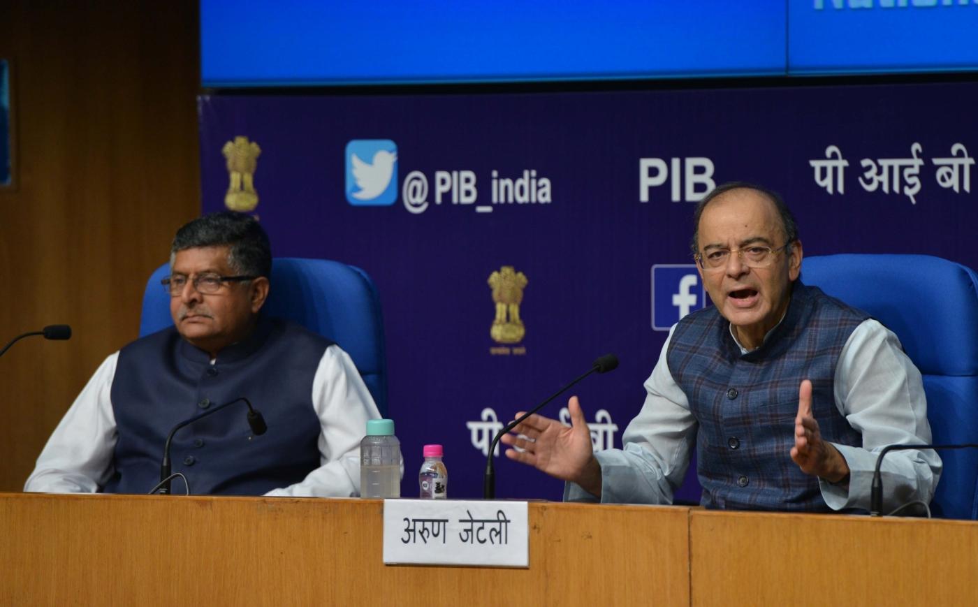 New Delhi: Union Finance and Corporate Affairs Minister Arun Jaitley addresses during a press conference after a cabinet briefing, along with Union Electronics and Information Technology and Law and Justice Minister Ravi Shankar Prasad in New Delhi, on Oct 24, 2018. Government on Wednesday rejected as "rubbish" opposition allegations that CBI Director Alok Verma was removed because he was going to order a probe into the charges in the Rafale deal " and said the step was taken on the recommendation of the CVC to maintain the institutional integrity of the probe agency. (Photo: IANS) by .