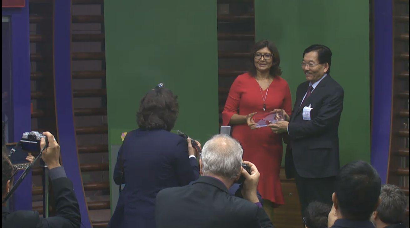 Rome (Italy): Sikkim Chief Minister Pawan Kumar Chamling receives United Nations Food and Agriculture Organisation's (FAO) Future Policy Gold Award for state's achievement in becoming the world's first totally organic agriculture state; in Rome, Italy on Oct 15, 2018. (Photo: IANS/Video Grab) by .