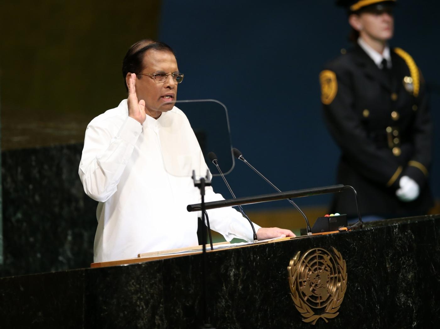 UNITED NATIONS, Sept. 25, 2018 (Xinhua) -- Sri Lankan President Maithripala Sirisena (Front) addresses the General Debate of the 73rd session of the United Nations General Assembly at the UN headquarters in New York, on Sept. 25, 2018. (Xinhua/Qin Lang/IANS) by .