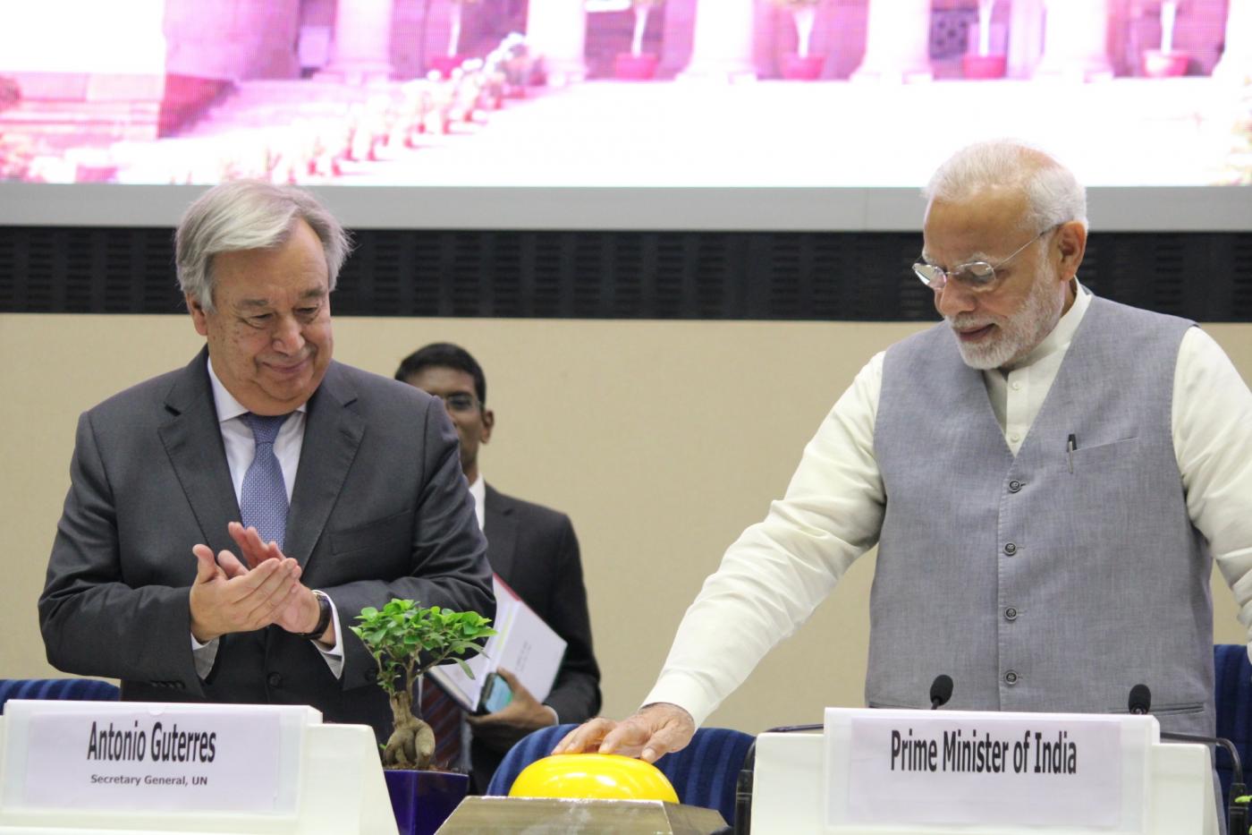 New Delhi: Prime Minister Narendra Modi and United Nations Secretary-General Antonio Guterres at the second Global RE-Invest - investment summit in New Delhi on Oct 2, 2018. (Photo: Amlan Paliwal/IANS) by .