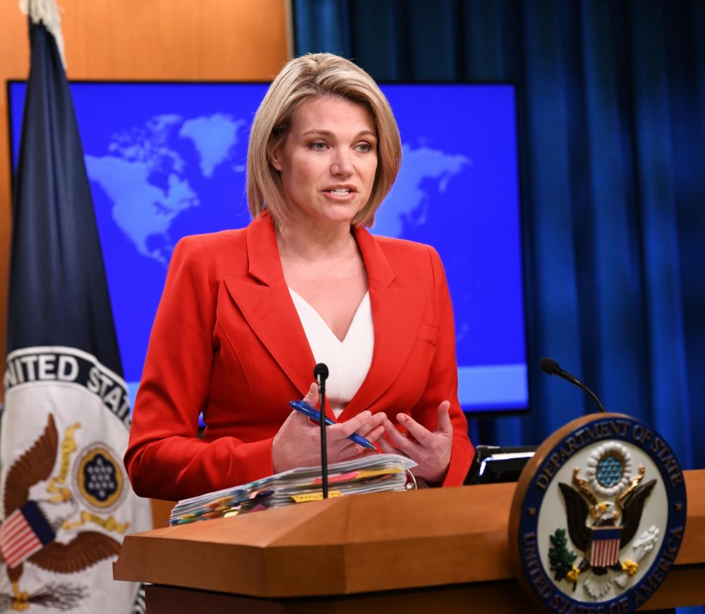 WASHINGTON, Oct. 2, 2018 (Xinhua) -- U.S. State Department spokesperson Heather Nauert addresses a press briefing in Washington D.C., the United States, on Oct. 2, 2018. Nauert said here on Tuesday that U.S. Secretary of State Mike Pompeo will travel to the Democratic People's Republic of Korea for further talks concerning the country's denuclearization. (Xinhua/Liu Jie/IANS) by .