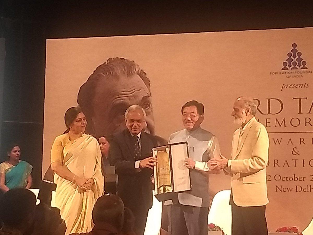 New Delhi: Sikkim Chief Minister Pawan Chamling receives the JRD Tata Memorial Awards for Sikkim as the best performing high focus north eastern state; in New Delhi on Oct 12, 2018. (Photo: Twitter/@pawanchamling5) by .
