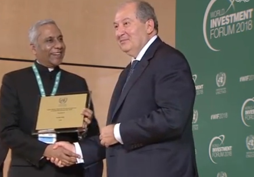 Deepak Bagla, the CEO of Invest India, receives the top United Nations Investment Promotion Award from Armenian President Armen Sarkissian at the World Investment Forum in Geneva on Monday, Oct. 22, 2018. (Photo: UN/IANS) by .