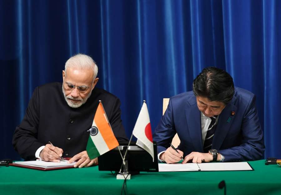 Tokyo: Prime Minister Narendra Modi and Japanese Prime Minister Shinzo Abe at the ceremony for signing and exchange of agreements in Tokyo, Japan on Oct 29, 2018. (Photo: IANS/PIB) by .