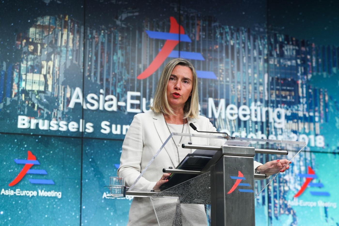 BRUSSELS, Oct. 20, 2018 (Xinhua) -- EU's foreign affairs and security policy chief Federica Mogherini speaks during a press conference of the 12th Asia-Europe Meeting Summit in Brussels, Belgium, Oct. 19, 2018. The two-day Asia-Europe meeting summit wrapped up on Friday in Brussels has called on more connectivity between Europe and Asia. (Xinhua/Zheng Huansong/IANS) by .