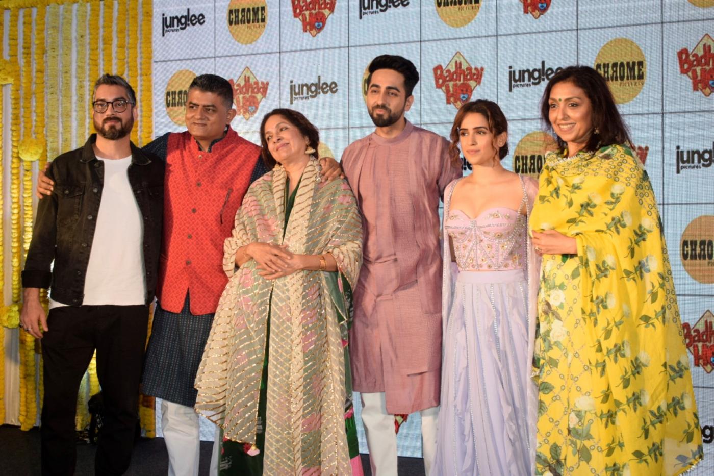 Mumbai: Director Amit Sharma, actors Gajraj Rao, Neena Gupta, Ayushmann Khurrana and Sanya Malhotra during a baby shower for expecting mothers in Mumbai on Oct 10, 2018.(Photo: IANS) by .