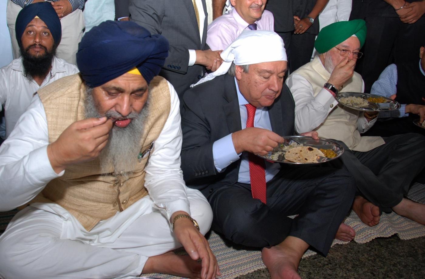 United Nations Secretary-General Antonio Guterres eats langar at the Golden Temple in Amritsar on Oct 3, 2018. (Photo: IANS) by .