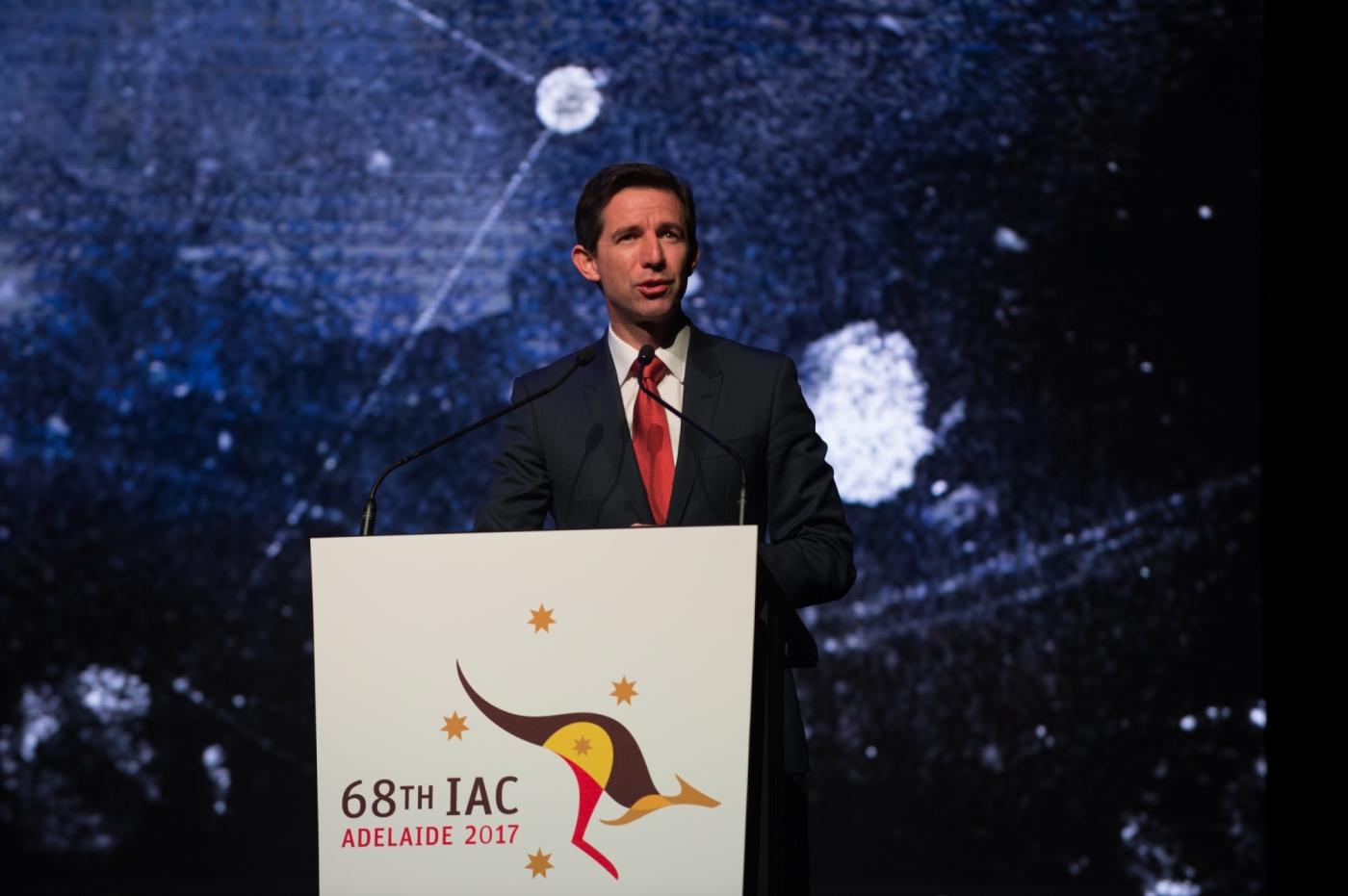 ADELAIDE, Sept. 25, 2017 (Xinhua) -- Australian Minister for Education and Training Simon Birmingham speaks during the opening ceremony of the 68th International Astronautical Congress (IAC) in Adelaide, Australia, Sept. 25, 2017. The 68th IAC, a five-day conference devoted to discussing innovation and advances in the space industry, began in Adelaide on Monday. The IAC is the world's largest annual gathering of space professionals and its parent organization is the International Astronautical Federation (IAF) that is based in Paris. The International Aeronautical Congress has been held every year since 1950. (Xinhua/Xu Haijing/IANS) by .