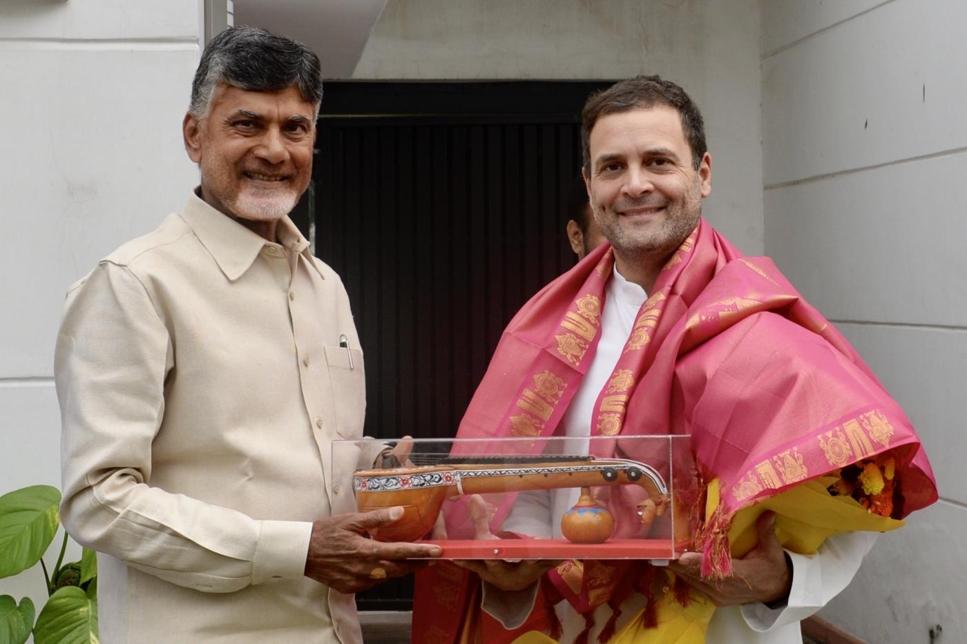 New Delhi: Andhra Pradesh Chief Minister and Telugu Desam Party (TDP) chief N. Chandrababu Naidu meets Congress president Rahul Gandhi at the laters residence in New Delhi on Nov. 1, 2018. (Photo: IANS) by .