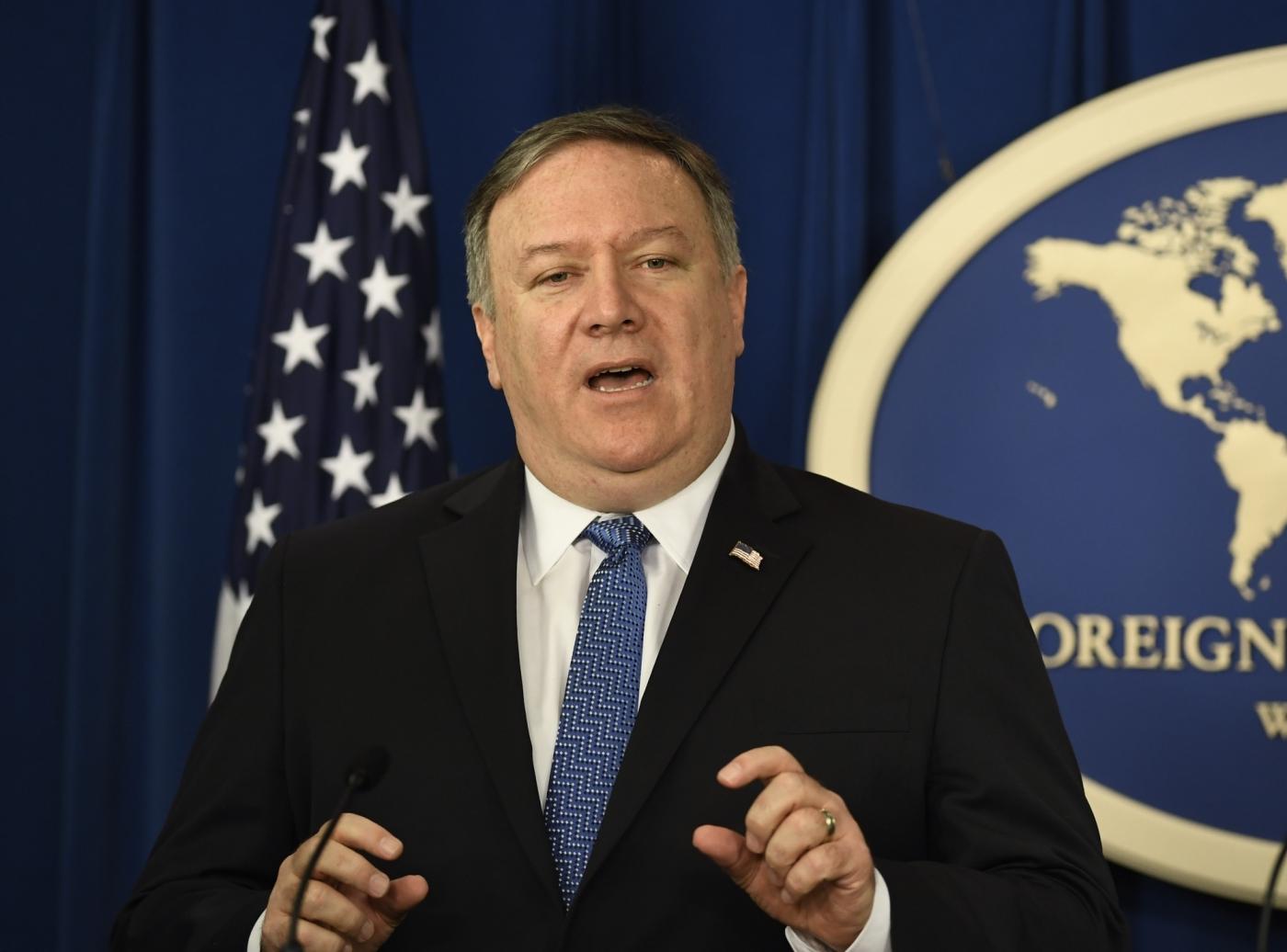 WASHINGTON D.C., Nov. 6, 2018 (Xinhua) -- U.S. Secretary of State Mike Pompeo speaks during a press conference in Washington D.C. Nov. 5, 2018. The U.S. reimposed sanctions against Iran's oil exports, which had been lifted under the landmark 2015 nuclear agreement to curtail Iran's nuclear program. However, Washington granted temporary waivers to allow eight major buyers to keep importing Iranian oil for some time. (Xinhua/Liu Jie/IANS) by .