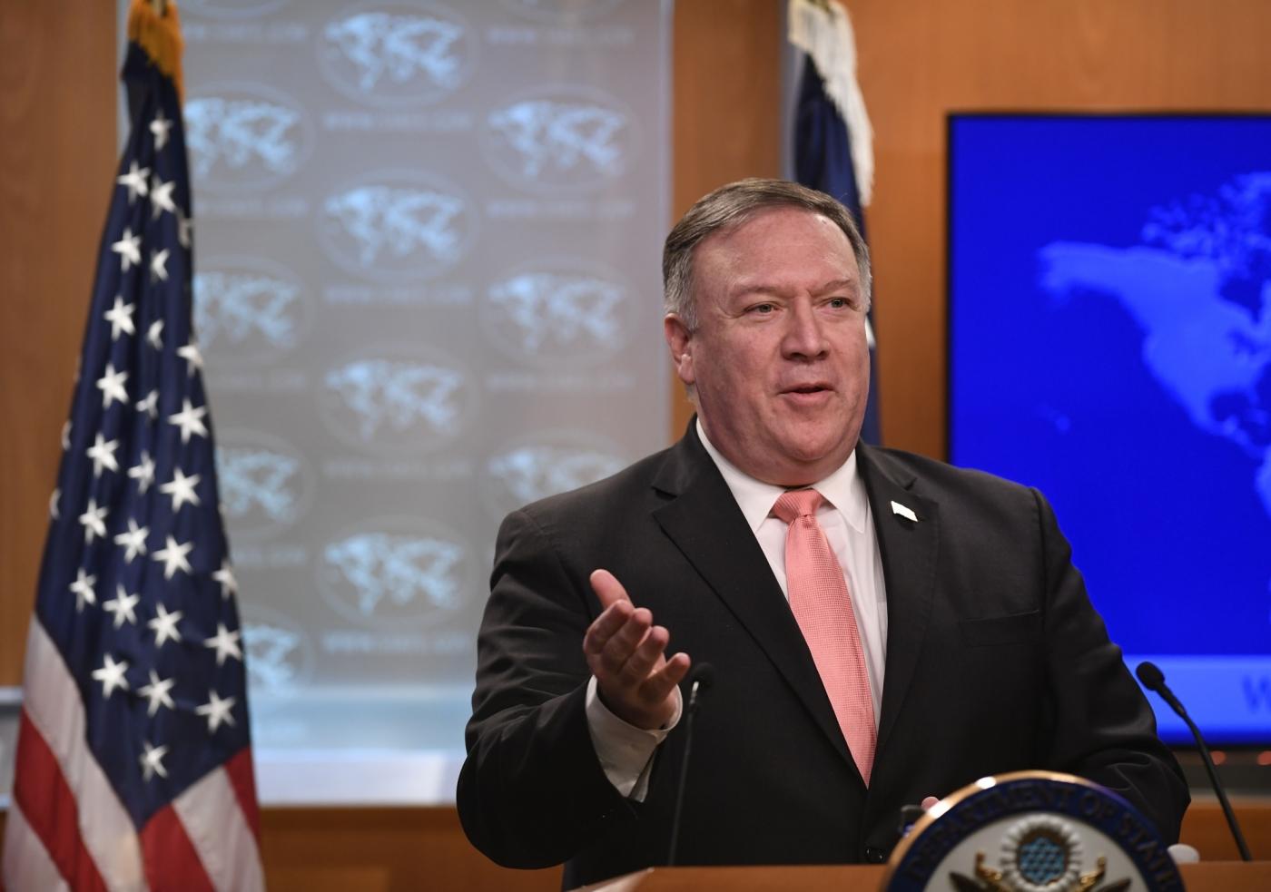 WASHINGTON, Oct. 24, 2018 (Xinhua) -- U.S. Secretary of State Mike Pompeo speaks during a press briefing in Washington D.C., the United States, Oct. 23, 2018. The United States is revoking visas of Saudi officials suspected of involvement in the death of Saudi journalist Jamal Khashoggi, said U.S. Secretary of State Mike Pompeo on Tuesday. (Xinhua/Liu Jie/IANS) by .