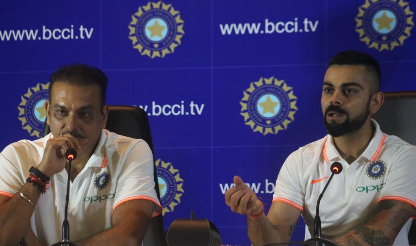 New Delhi: Indian captain Virat Kohli and coach Ravi Shastri address a press conference before leaving for England and Ireland, in New Delhi, on June 22, 2018 (Photo: Bidesh Manna/IANS) by .
