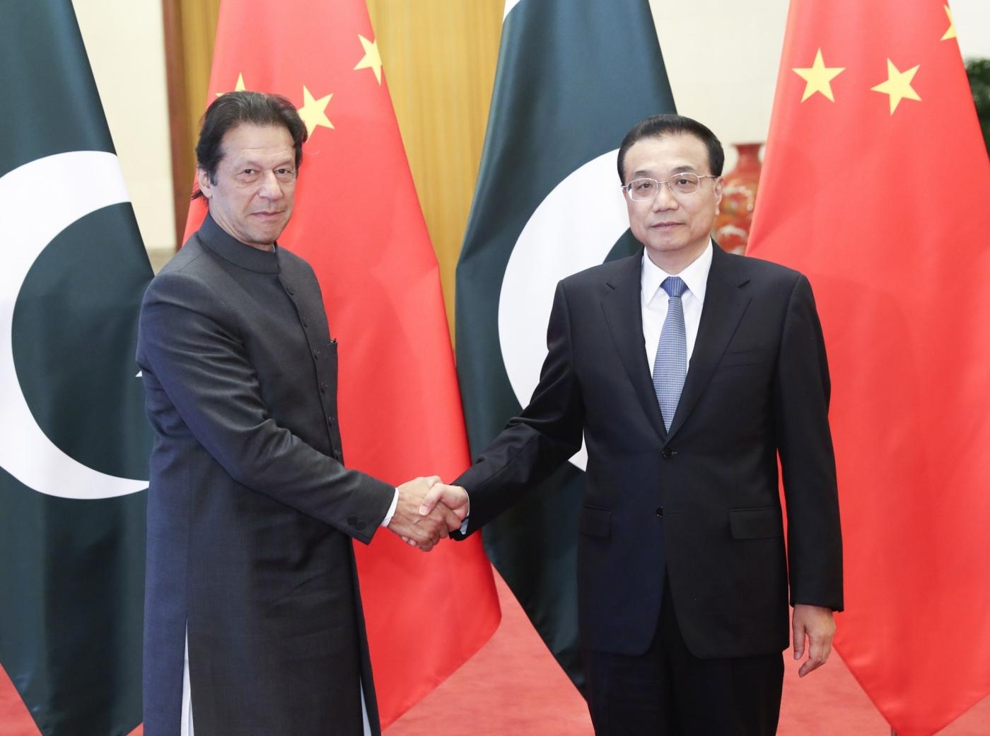 BEIJING, Nov. 3, 2018 (Xinhua) -- Chinese Premier Li Keqiang (R) holds talks with Pakistani Prime Minister Imran Khan, who is paying an official visit to China, at the Great Hall of the People in Beijing, capital of China, Nov. 3, 2018. (Xinhua/Pang Xinglei/IANS) by .
