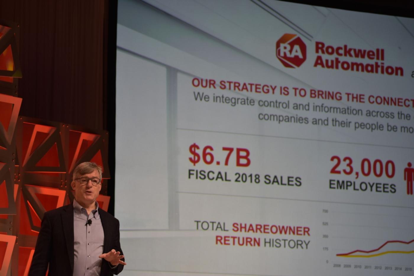 Rockwell Automation Chairman and CEO Blake Moret at the opening the "2018 Automation Perspectives" event in Philadelphia on Nov. 13, 2018. by .