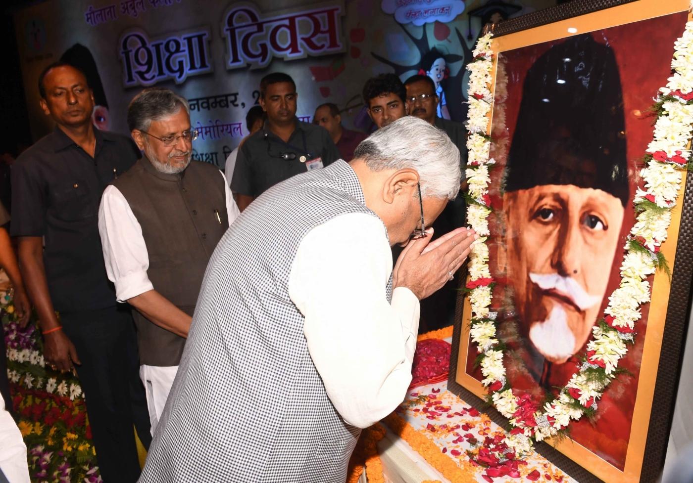 Patna: Bihar Chief Minister Nitish Kumar, accompanied by Deputy Chief Minister Sushil Kumar Modi, pay tributes to Maulana Abul Kalam Azad during a programme organised on his 130th birth anniversary, in Patna on Nov 11, 2018. The day is celebrated as National Education Day in commemoration of Maulana Azad, who was Independent India's first Education Minister and a celebrated scholar. (Photo: IANS) by .