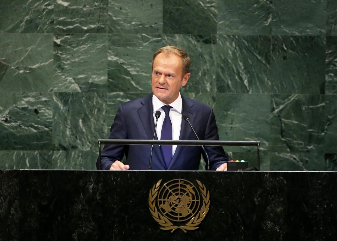 UNITED NATIONS, Sept. 27, 2018 (Xinhua) -- European Council President Donald Tusk addresses the General Debate of the 73rd session of the United Nations General Assembly at the UN headquarters in New York, on Sept. 27, 2018. (Xinhua/Qin Lang/IANS) by .