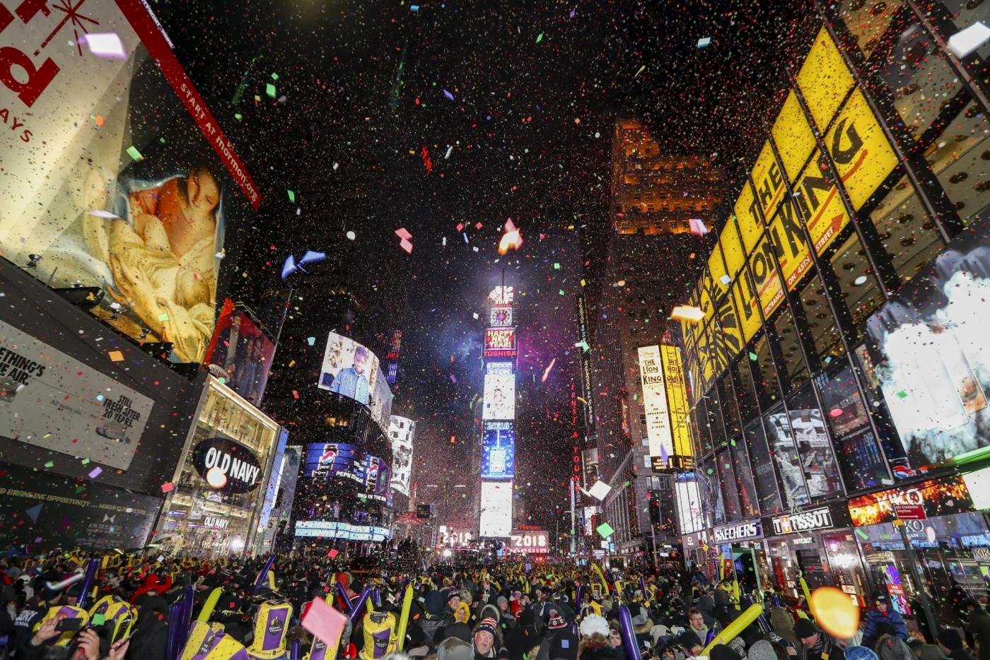 NEW YORK, Jan. 1, 2018 (Xinhua) -- People attend the New Year celebration at Times Square in New York, the United States, on Jan. 1, 2018. (Xinhua/Wang Ying/IANS) by .