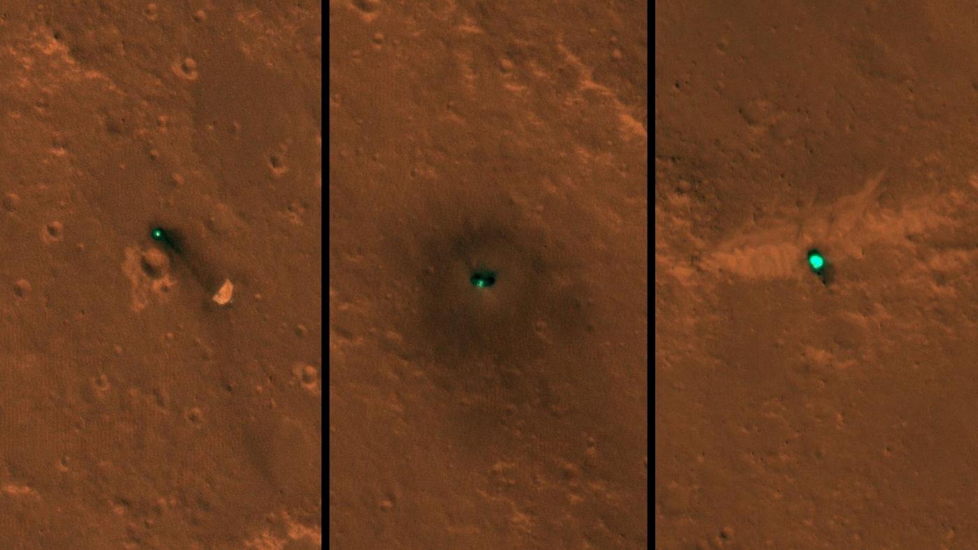 NASA's InSight spacecraft, its heat shield and its parachute were imaged on Dec. 6 and 11 by the HiRISE camera onboard NASA's Mars Reconnaissance Orbiter. (Photo Credits: NASA/JPL-Caltech/University of Arizona) by .