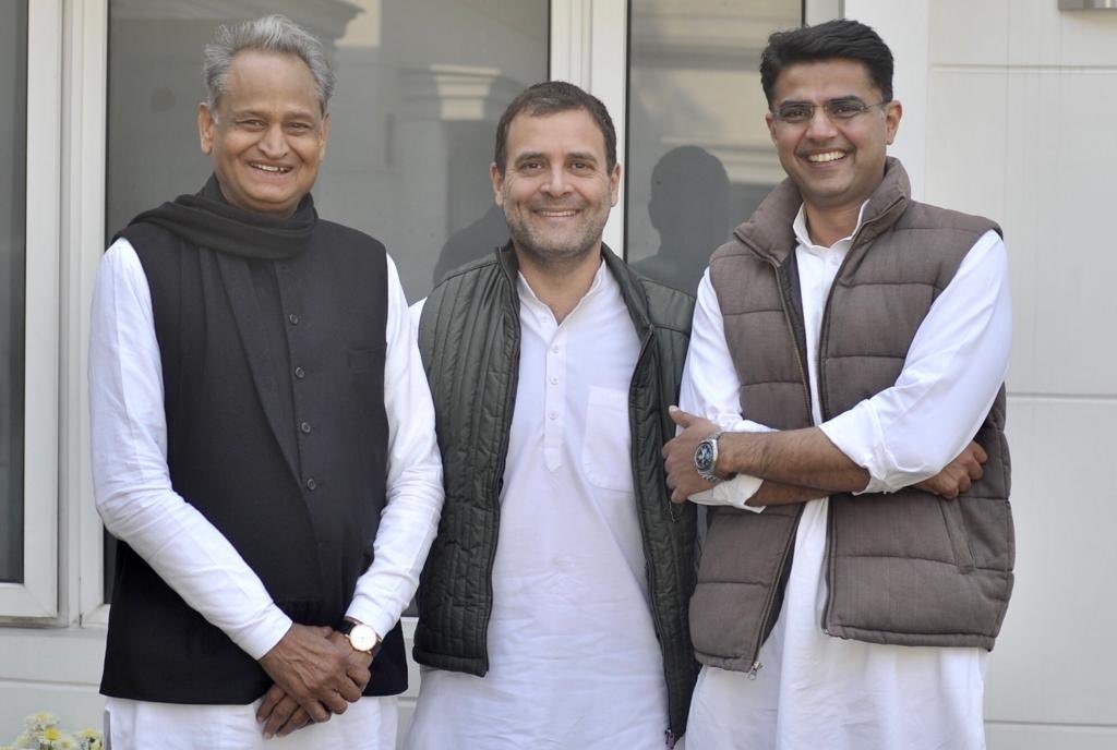 New Delhi: Congress President Rahul Gandhi with party leaders Ashok Gehlot and Sachin Pilot in New Delhi on Dec 14, 2018. (Photo: IANS) by .