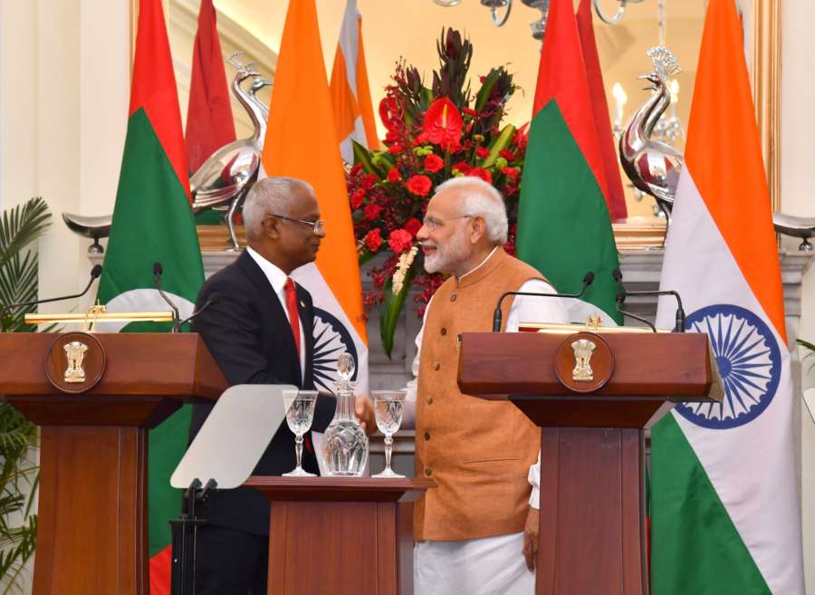 New Delhi: Prime Minister Narendra Modi and Maldives President Ibrahim Mohamed Solih at the Joint Press Statement at Hyderabad House in New Delhi, on Dec 17, 2018. (Photo: IANS/PIB) by .
