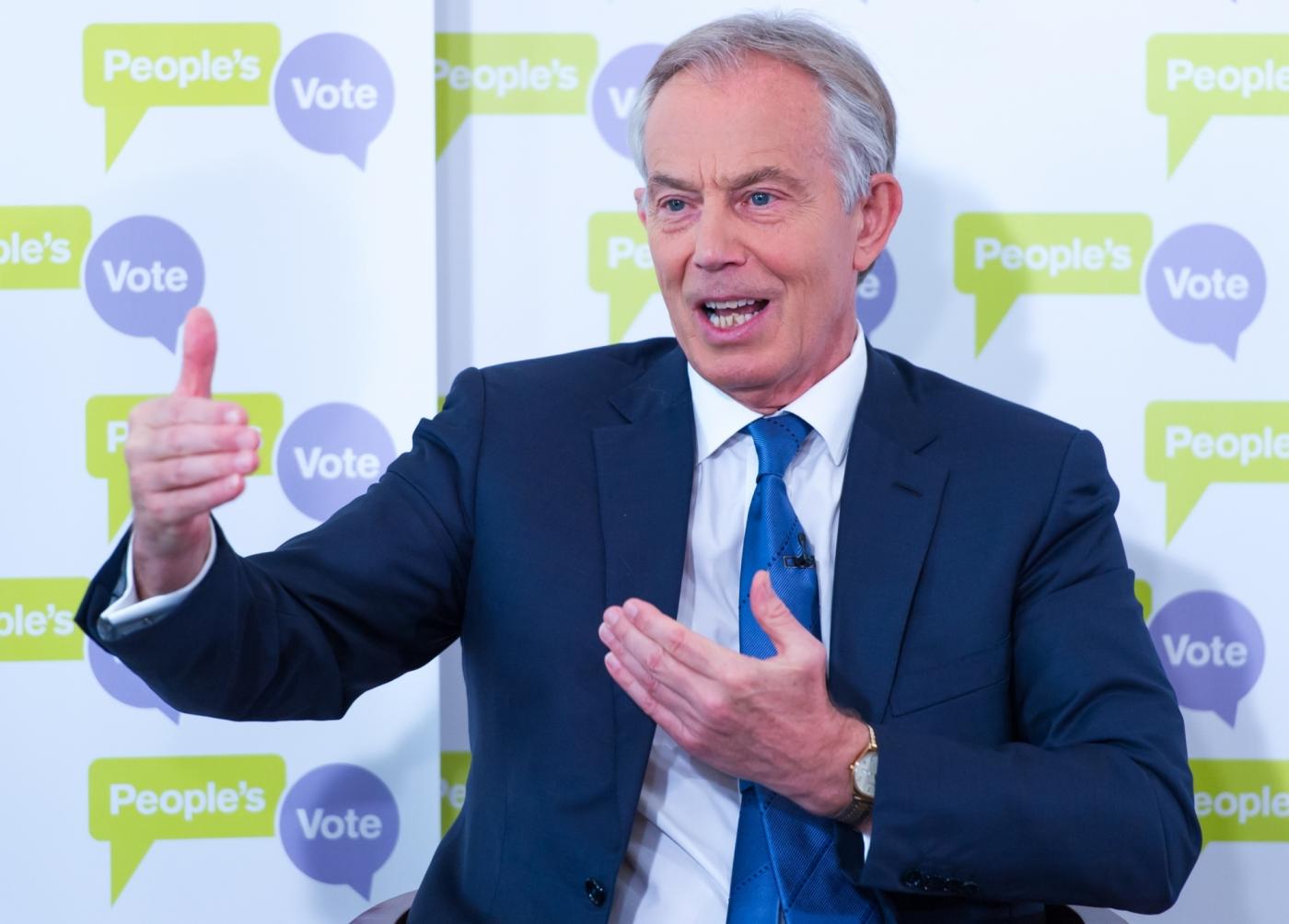 LONDON, Dec. 14, 2018 (Xinhua) -- Former British Prime Minister Tony Blair delivers a speech on Brexit in an event in London, Britain, on Dec. 14, 2018. Tony Blair, a strong supporter of Britain remaining in the EU, said in a speech Friday there would soon be a majority in the British parliament for a second referendum on EU membership. (Xinhua/IANS) by .