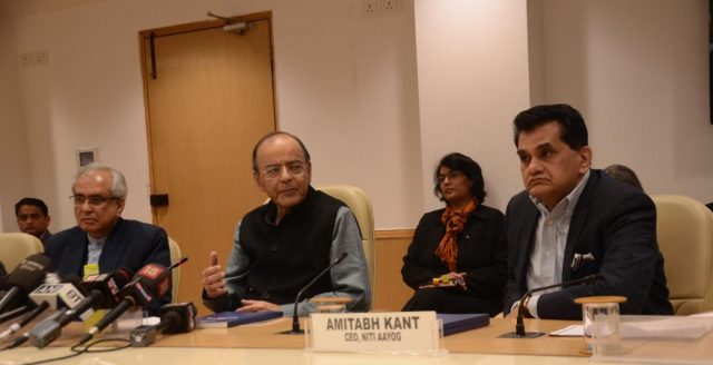 New Delhi: Union Finance Minister Arun Jaitley with NITI Aayog Vice Chairperson Rajiv Kumar and CEO Amitabh Kant during a press conference organised to release NITI Aayogâs âStrategy for New India @75â, in New Delhi on Dec 19, 2018. (Photo: IANS) New Delhi: Union Finance Minister Arun Jaitley with NITI Aayog Vice Chairperson Rajiv Kumar and CEO Amitabh Kant during a press conference organised to release NITI Aayogâs âStrategy for New India @75â, in New Delhi on Dec 19, 2018. (Photo: IANS) by .