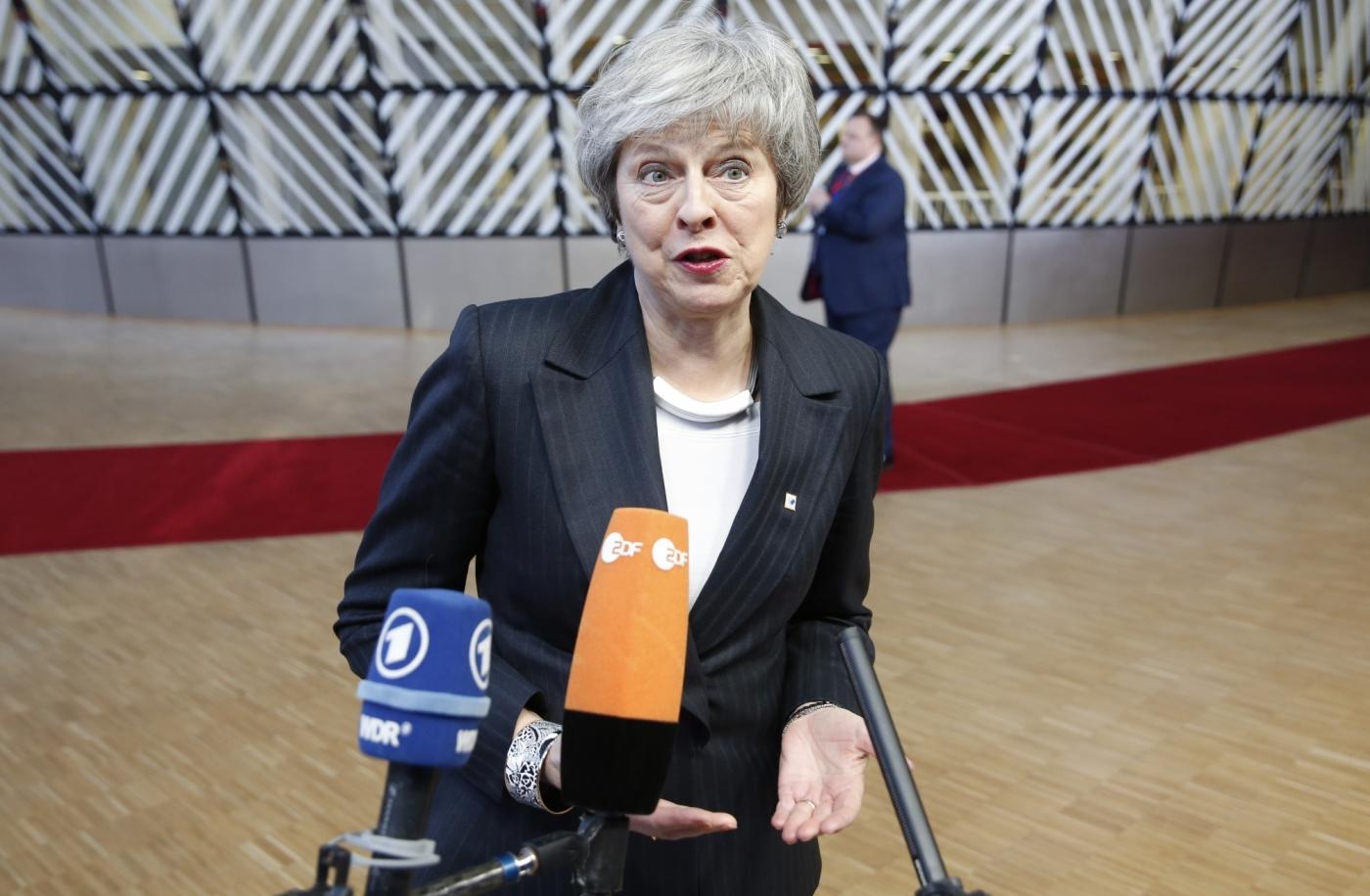 BRUSSELS, Dec. 13, 2018 (Xinhua) -- British Prime Minister Theresa May speaks to media upon her arrival at a two-day EU Summit in Brussels, Belgium, Dec. 13, 2018. (Xinhua/Ye Pingfan/IANS) by .