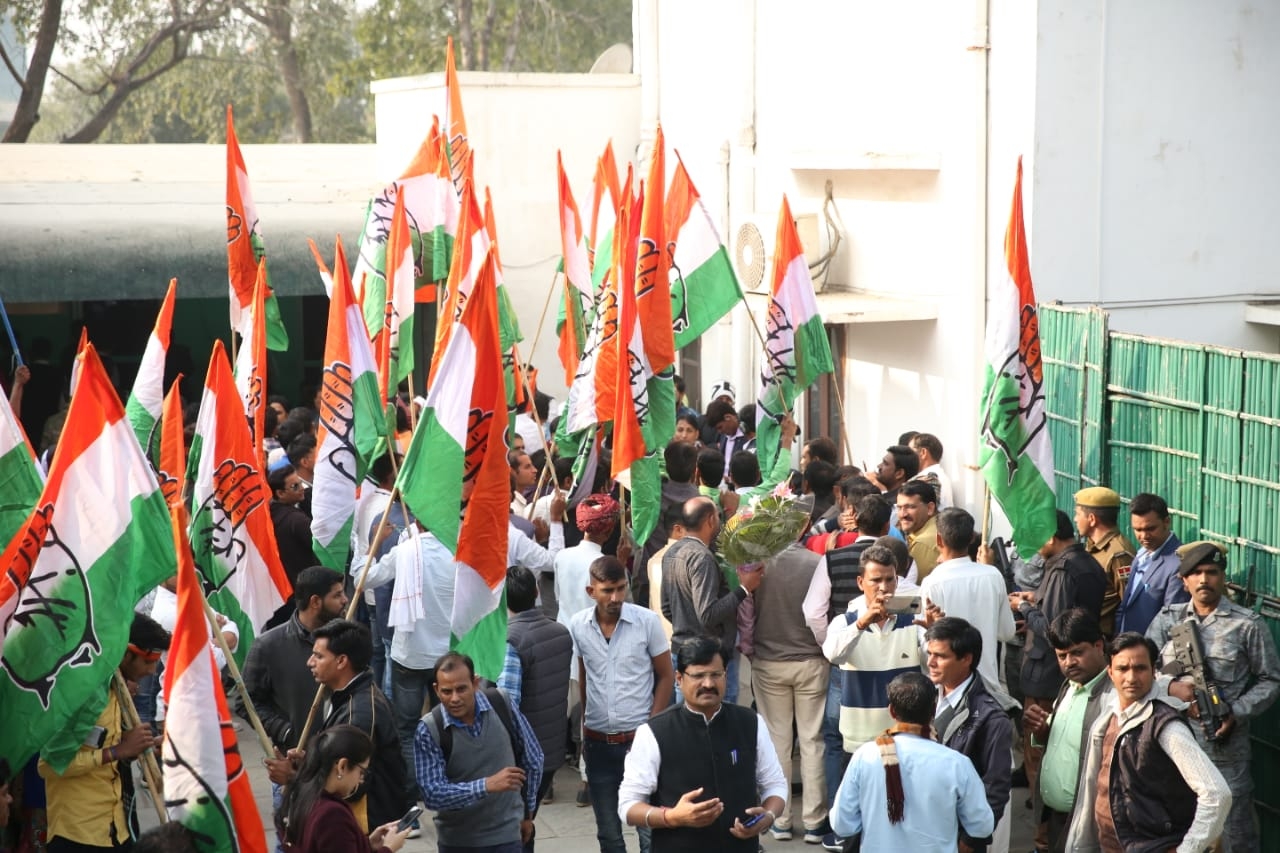 Jaipur: Party workers celebrate at Congress party office as Congress leads in the Rajasthan assembly elections in Jaipur on Dec 11, 2018. (Photo: IANS) by .