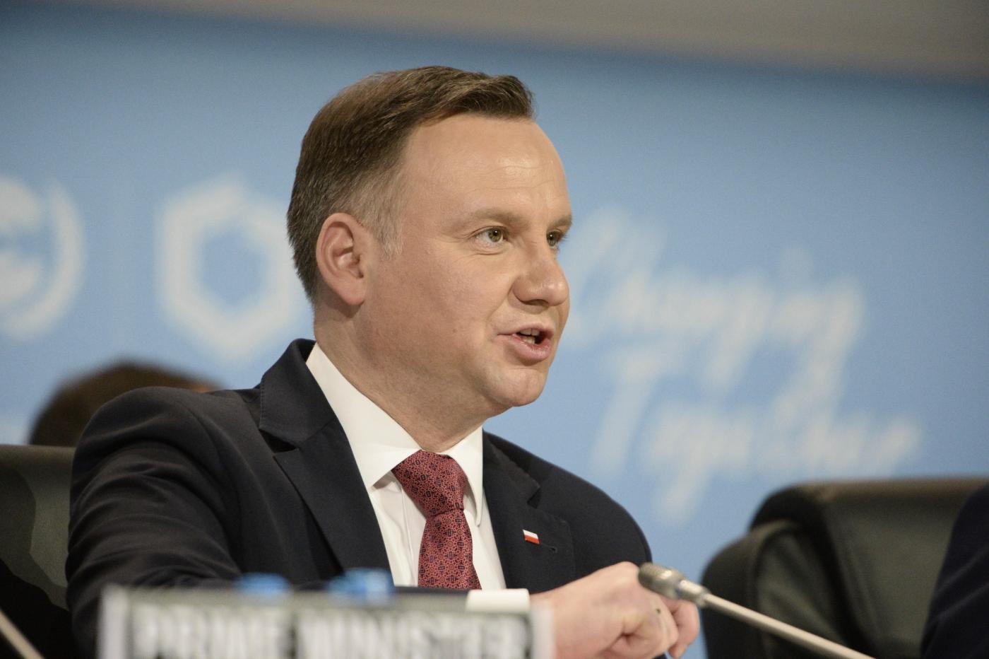 KATOWICE, Dec. 3, 2018 (Xinhua) -- Polish President Andrzej Duda addresses the UN Climate Change Conference in Katowice, Poland, Dec. 3, 2018. Delegates from nearly 200 countries began talks on Sunday on urgent actions to curb climate change three years after the landmark Paris Climate Change Agreement set a goal of keeping global warming below 2 degrees Celsius. The two-week UN Climate Change Conference, known as COP24, is held in the southern Polish city of Katowice. (Xinhua/Jaap Arriens/IANS) by .