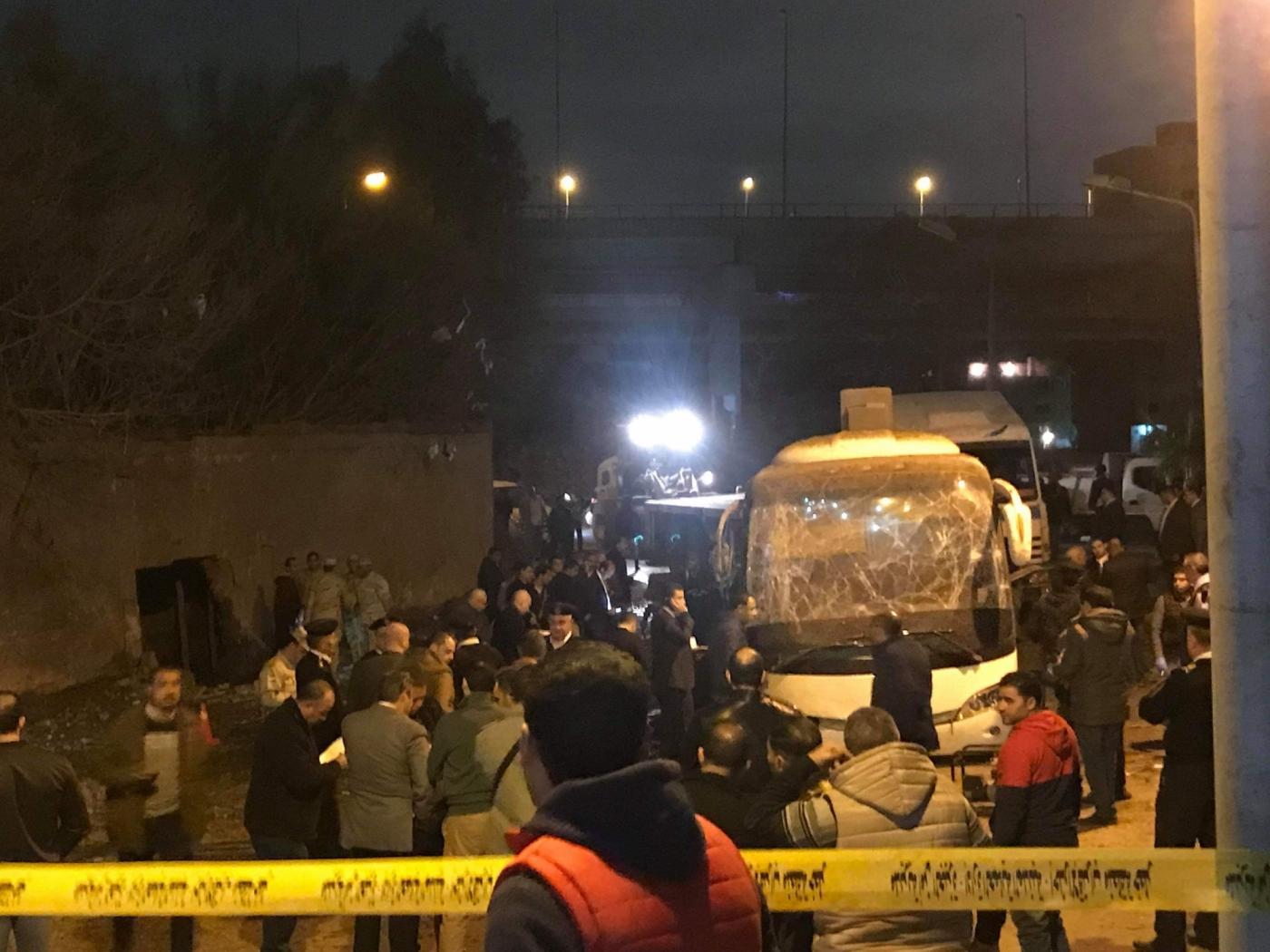 GIZA, Dec. 28, 2018 (Xinhua) -- Photo taken on Dec. 28, 2018 shows the site of an explosion in Giza, Egypt. Two Vietnamese tourists were killed Friday when a home-made bomb hit a bus carrying foreign tourists in Marioutiya area near the Giza Pyramids, Egyptian interior ministry said. (Xinhua/Ahmed Gomaa/IANS) by .
