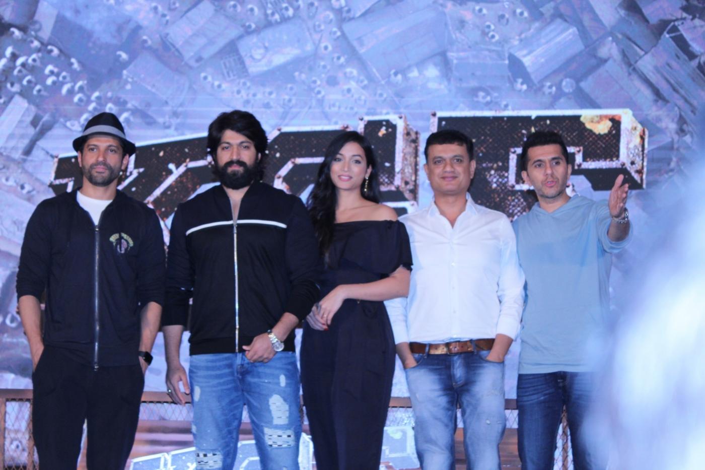 Mumbai: Actors Farhan Akhtar, Yash and Srinidhi Shetty with producers Vijay Kirgandur and Ritesh Sidhwani at the trailer launch of their upcoming film "K.G.F" in Mumbai, on Dec 5, 2018. (Photo: IANS) by .