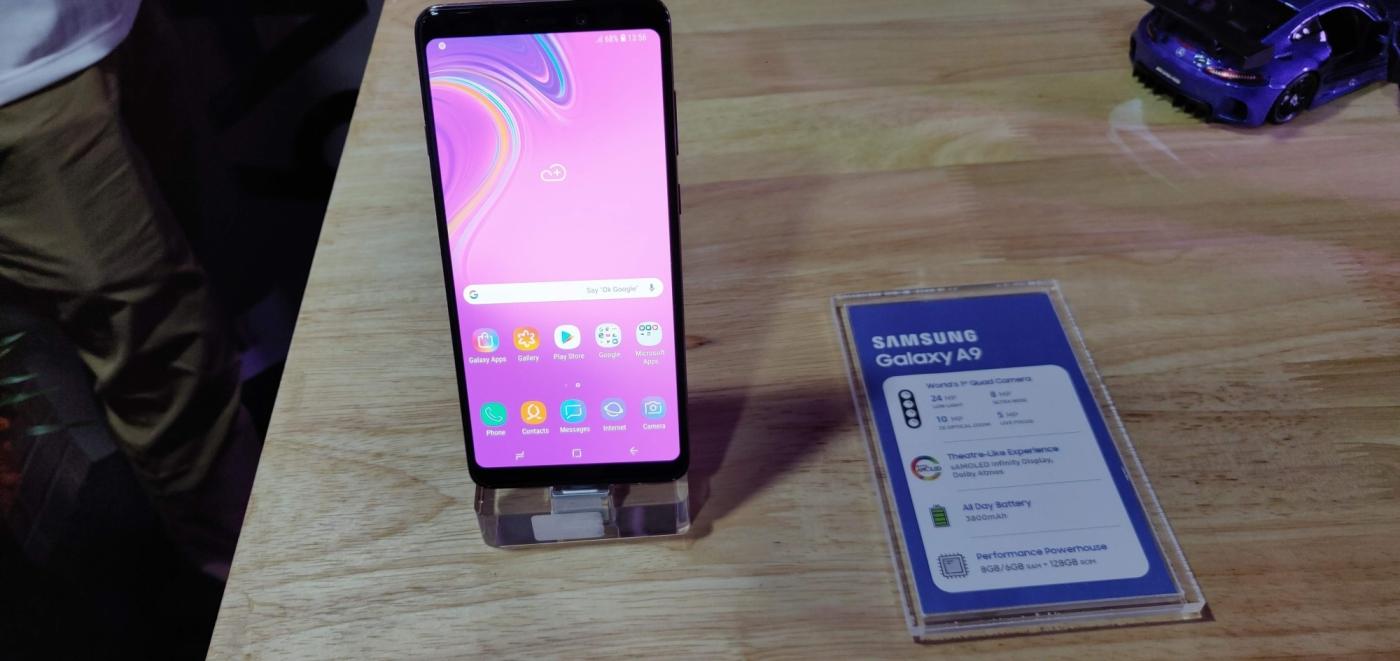 New Delhi: A view of the newly launched Samsung Galaxy A9 on display at the launch of the smartphone in New Delhi, on Nov 20, 2018. Upping the ante in the camera department, South Korean tech giant Samsung on Tuesday brought Galaxy A9, its first smartphone with quadruple primary (rear) camera system, to India. (Photo: IANS) by .