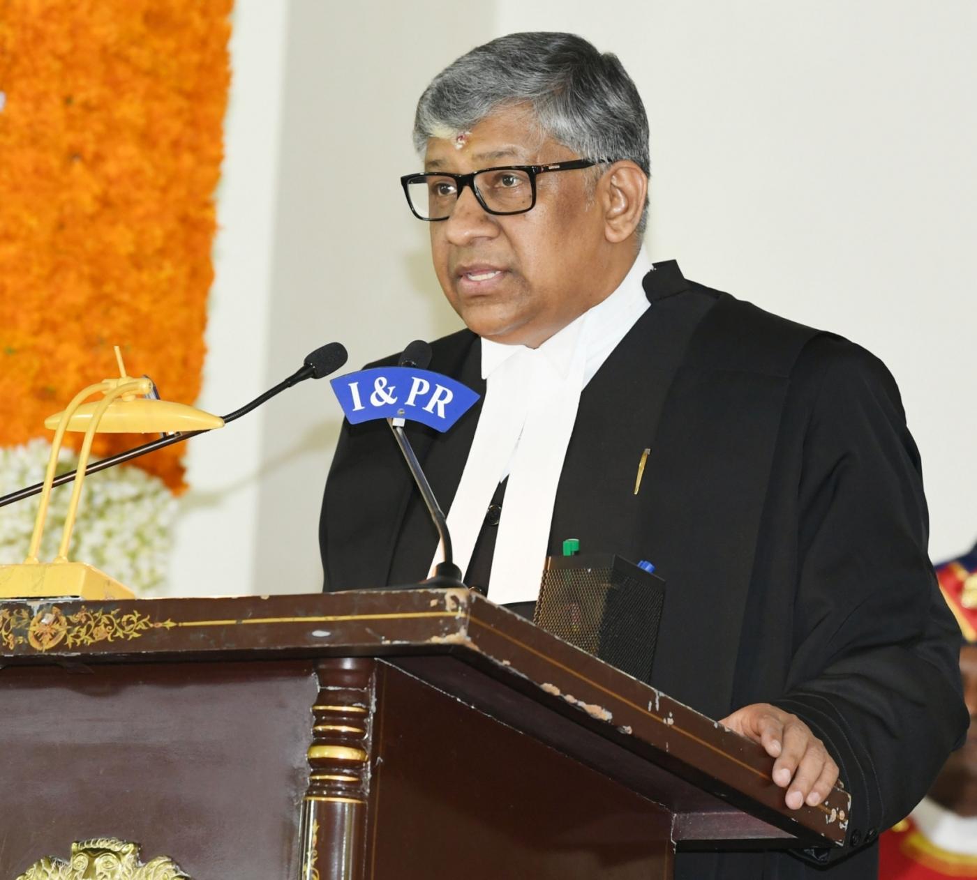 Hyderabad: Justice Thottathil Bhaskaran Nair Radhakrishnan takes oath as the Chief Justice of Hyderabad High Court for the States of Telangana and Andhra Pradesh at a swearing-in ceremony, in Hyderabad on July 7, 2018. (Photo: IANS) by .